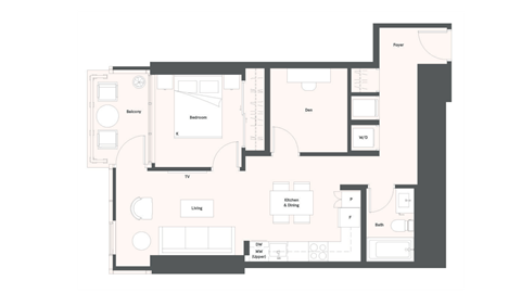 Floor plan for 1 bed, 1 bath, 679 sqft